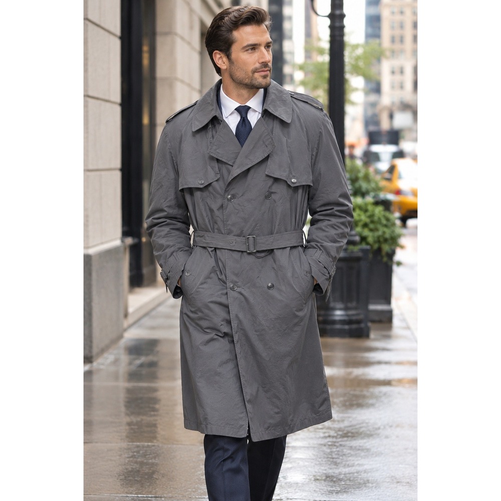 Towncraft Mens 54 Big & Tall Grey Trench Coat Zip Out Plaid Liner Overcoat